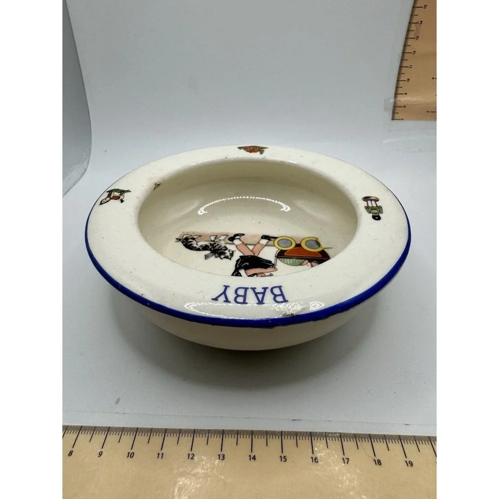 Antique Czecho-Slovakia Ceramic Baby Bowl 1920s Girl with Pram Dog Blue Trim 6in